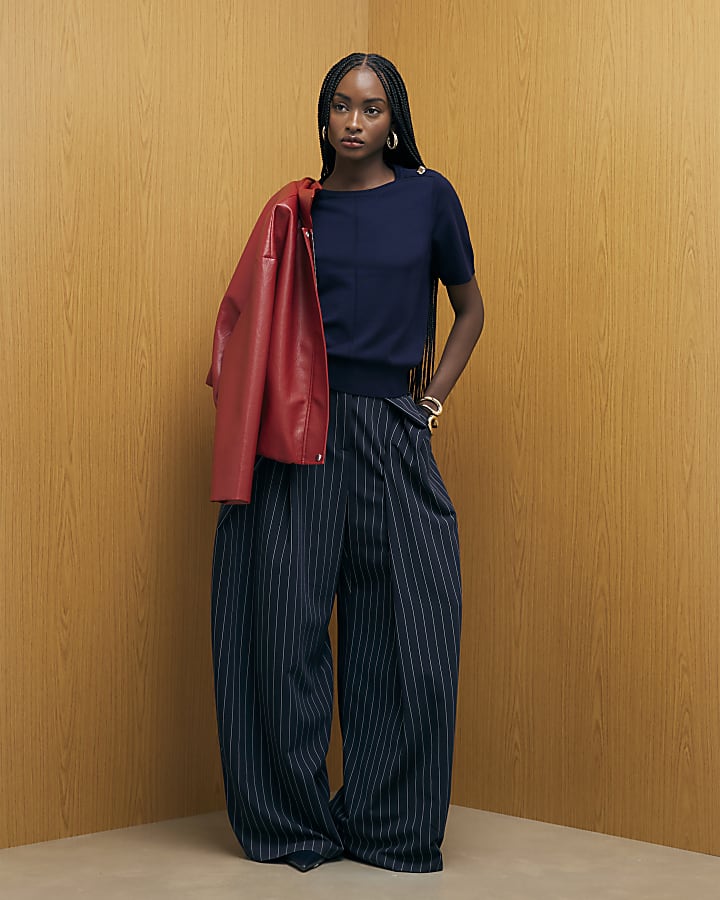 Navy Knitted Short Sleeve Top