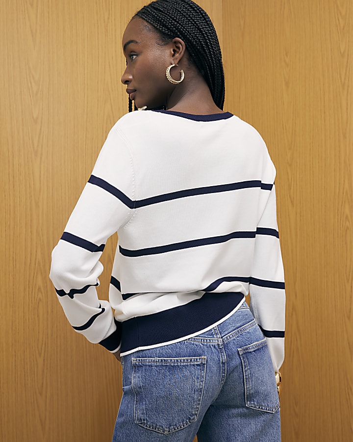 Navy Long Sleeve Striped Knitted Top