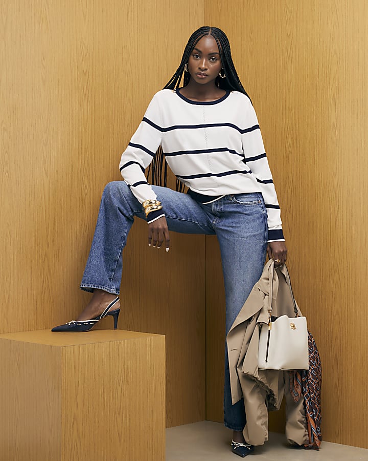 Navy Long Sleeve Striped Knitted Top