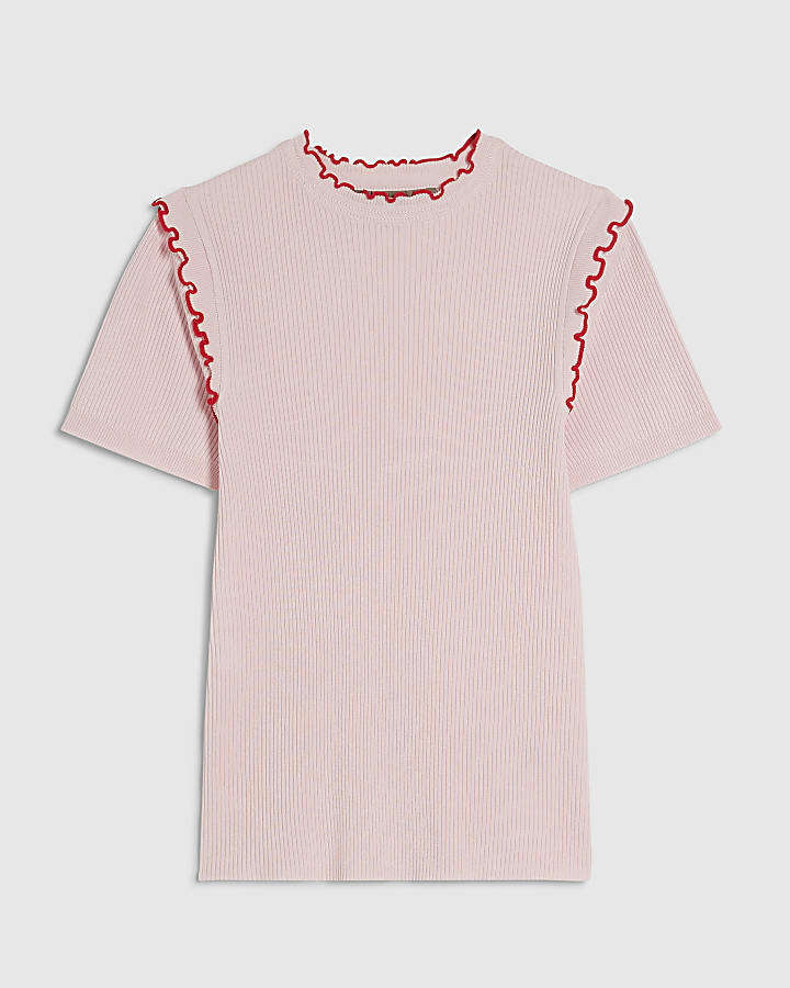 Pink Knitted Short Sleeve Frill Top