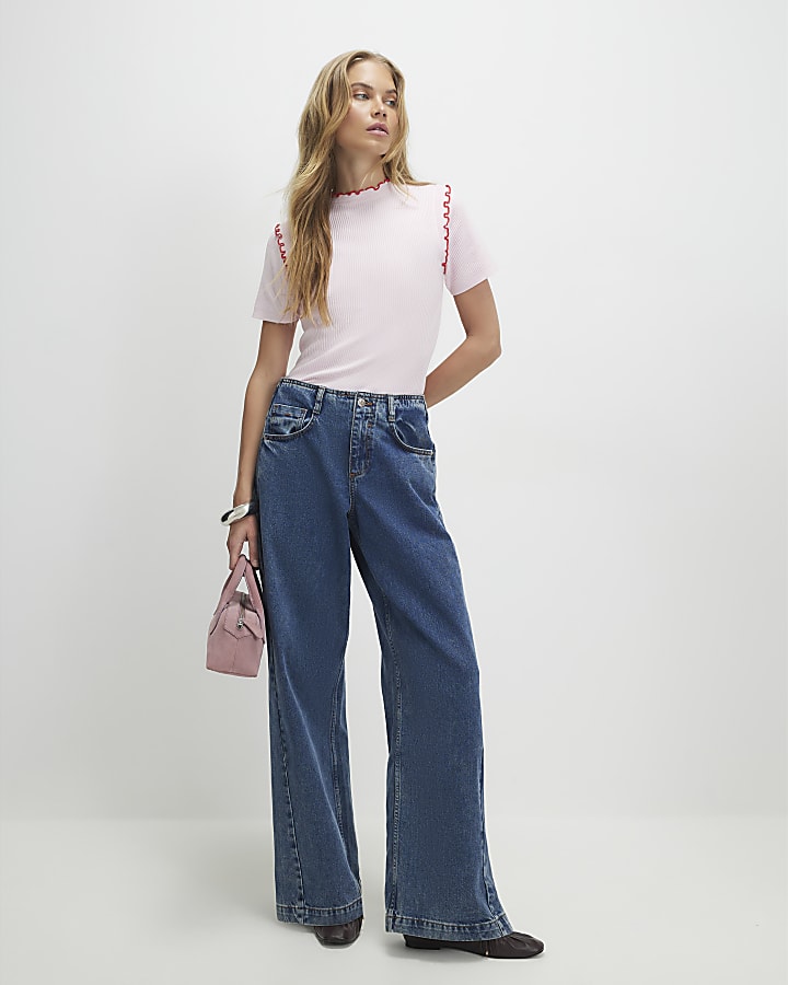 Pink Knitted Short Sleeve Frill Top