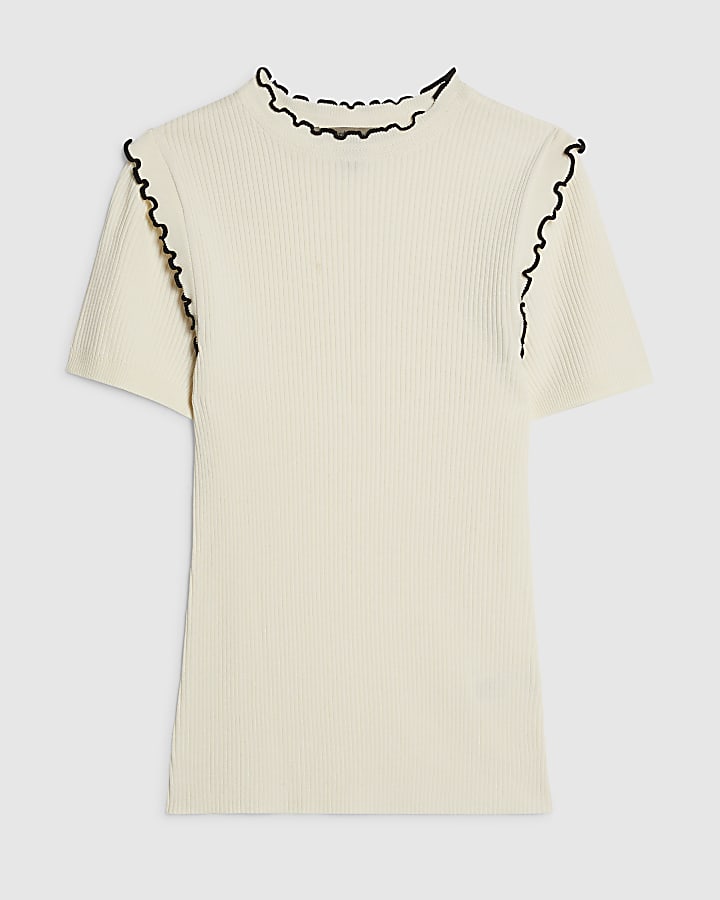 Cream Knitted Short Sleeve Frill Top