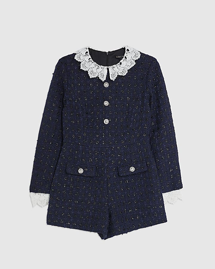 Navy Lace Collar Boucle Playsuit
