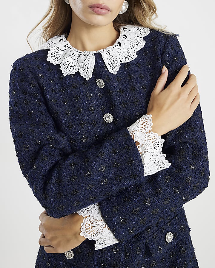 Navy Lace Collar Boucle Playsuit