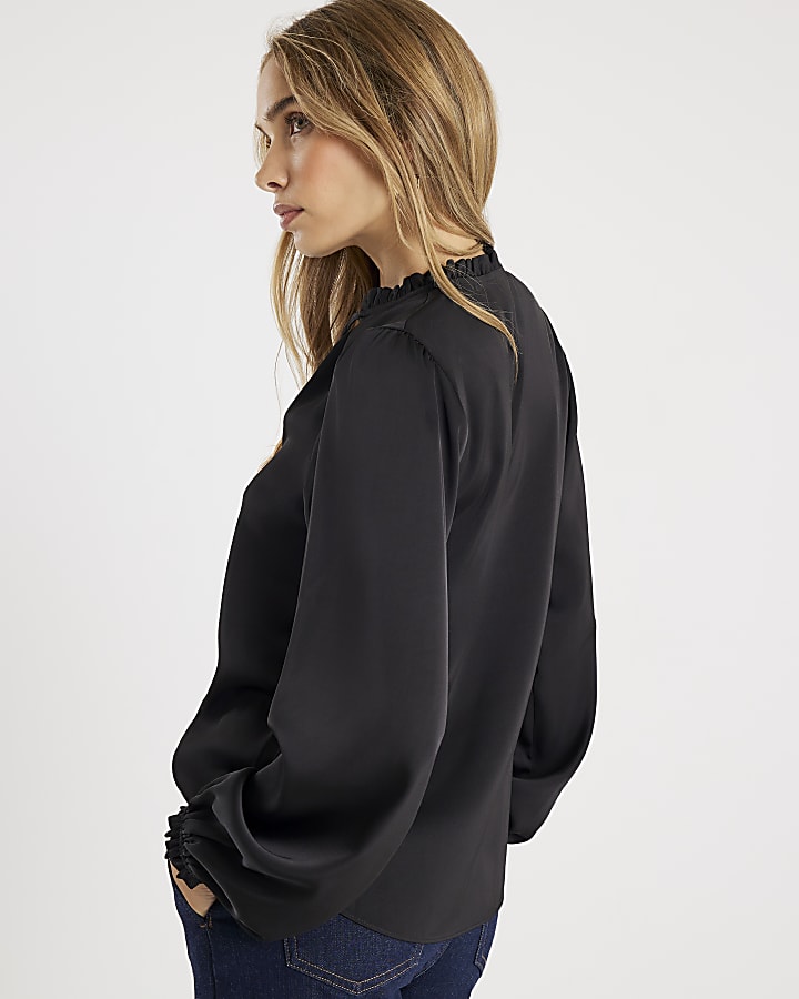 Black Long Sleeve Ruffle Trim Blouse