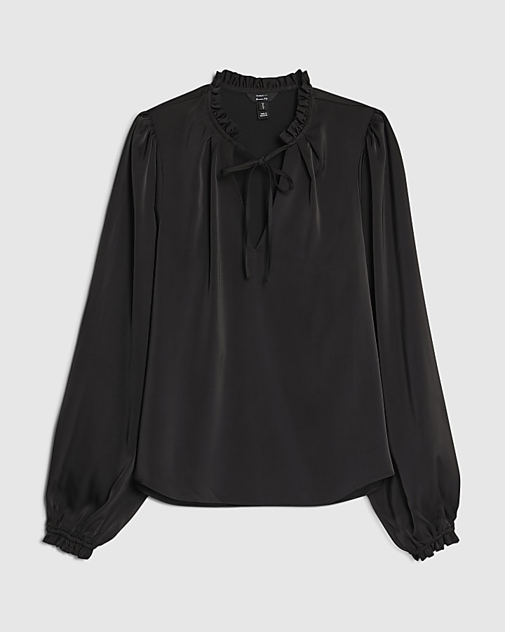 Black Long Sleeve Ruffle Trim Blouse