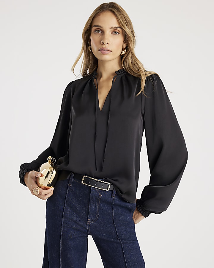Black Long Sleeve Ruffle Trim Blouse
