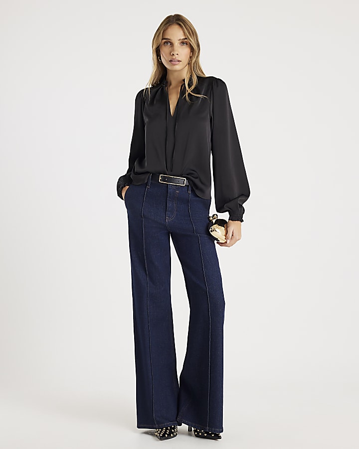 Black Long Sleeve Ruffle Trim Blouse