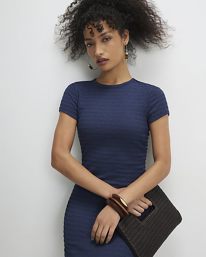 Blue Short Sleeve Textured Midi Dress