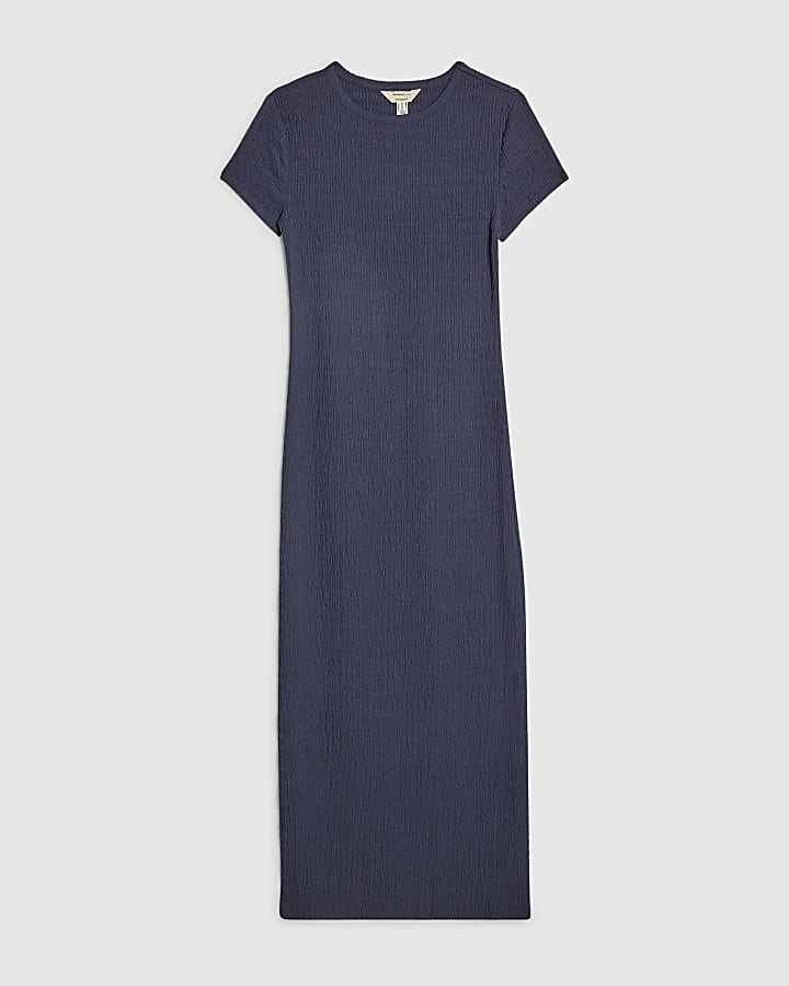 Blue Short Sleeve Textured Midi Dress
