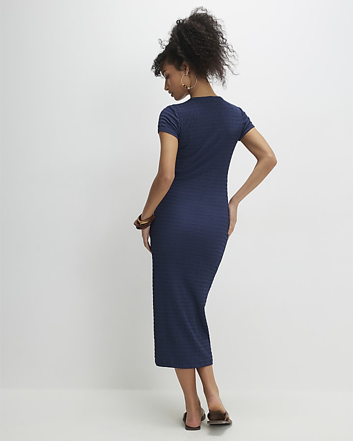 Blue Short Sleeve Textured Midi Dress