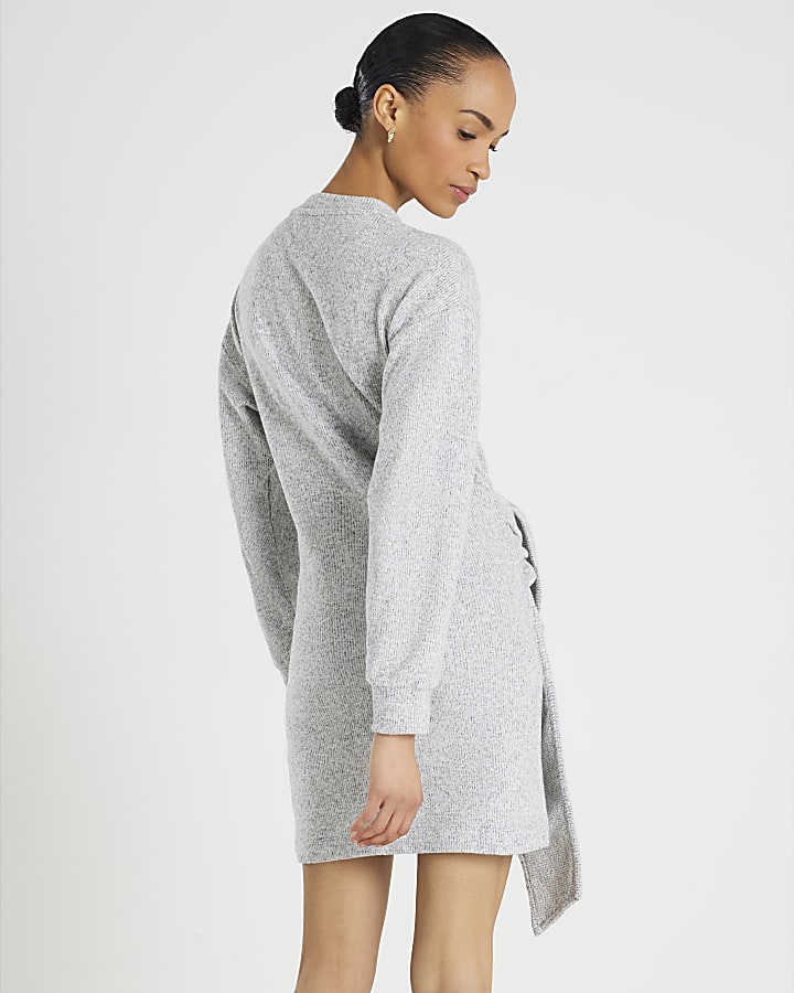 Grey Long Sleeve Tie Side Cosy Mini Dress