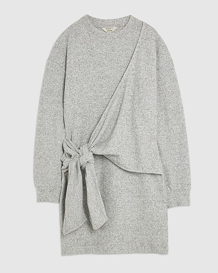 Grey Long Sleeve Tie Side Cosy Mini Dress