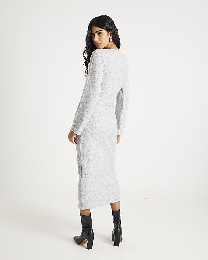 Grey Long Sleeve Tie Side Cosy Maxi Dress