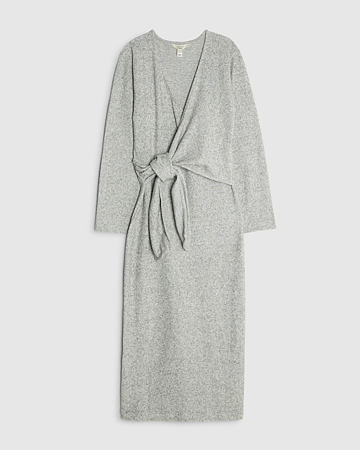 Grey Long Sleeve Tie Side Cosy Maxi Dress