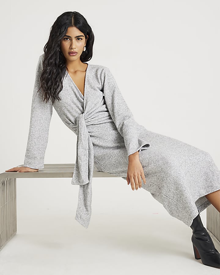 Grey Long Sleeve Tie Side Cosy Maxi Dress