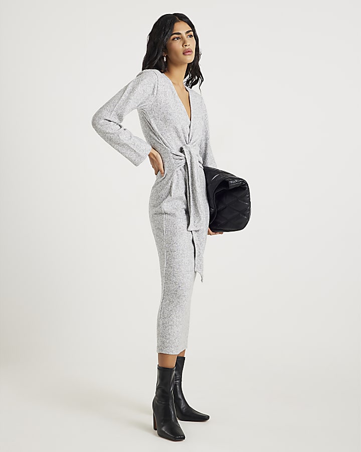 Grey Long Sleeve Tie Side Cosy Maxi Dress