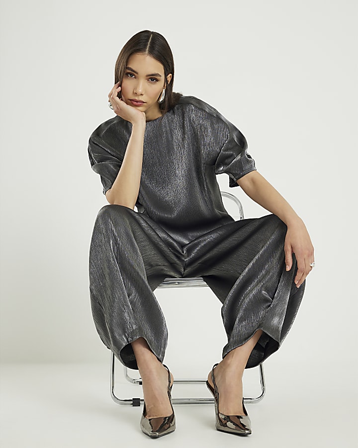 Black Metallic Tapered Trousers