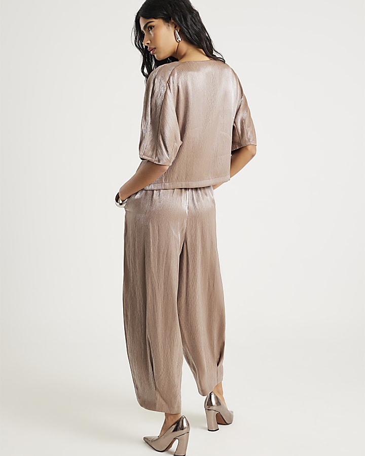 Beige Metallic Tapered Trousers