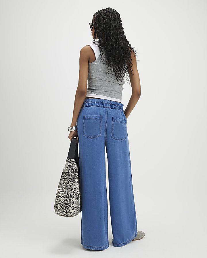 Blue Wide Leg Paperbag Jeans