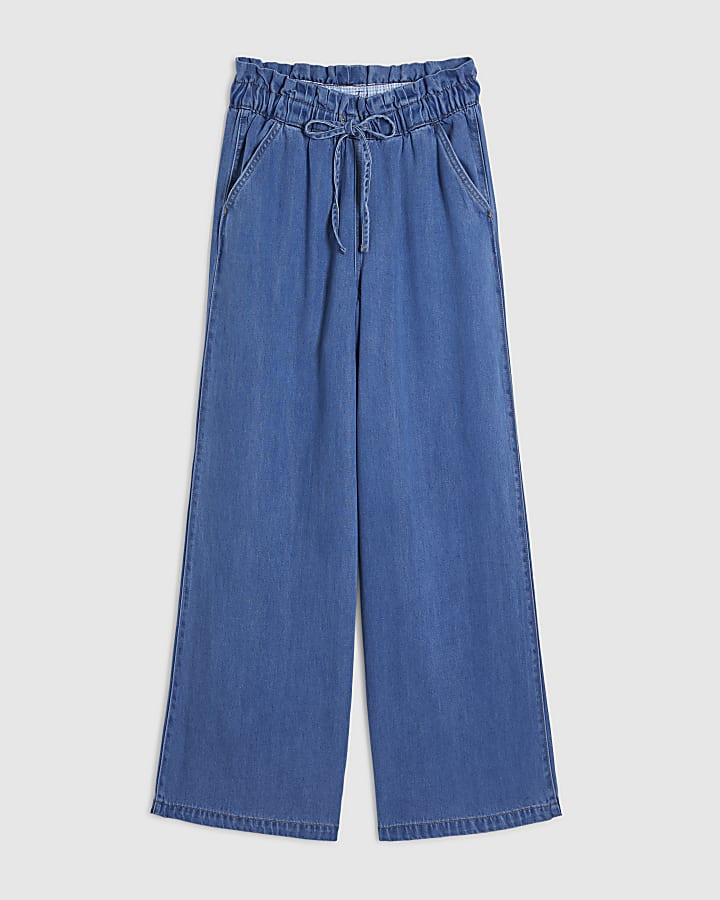 Blue Wide Leg Paperbag Jeans