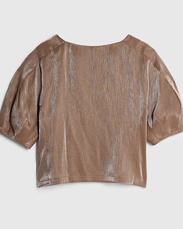 Beige Short Sleeve Metallic Tailored Top
