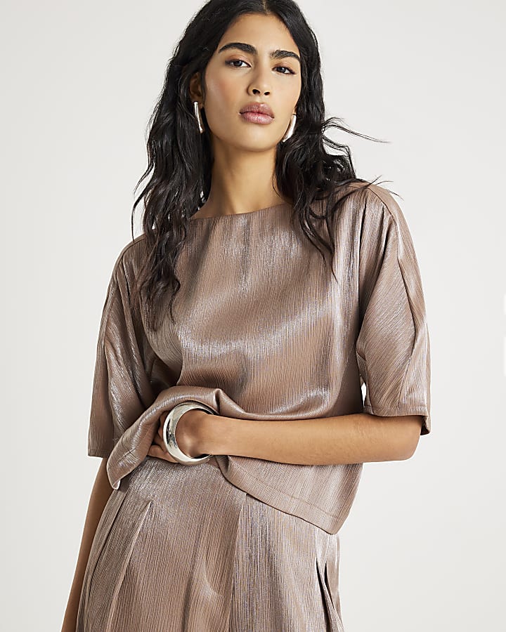 Beige Short Sleeve Metallic Tailored Top