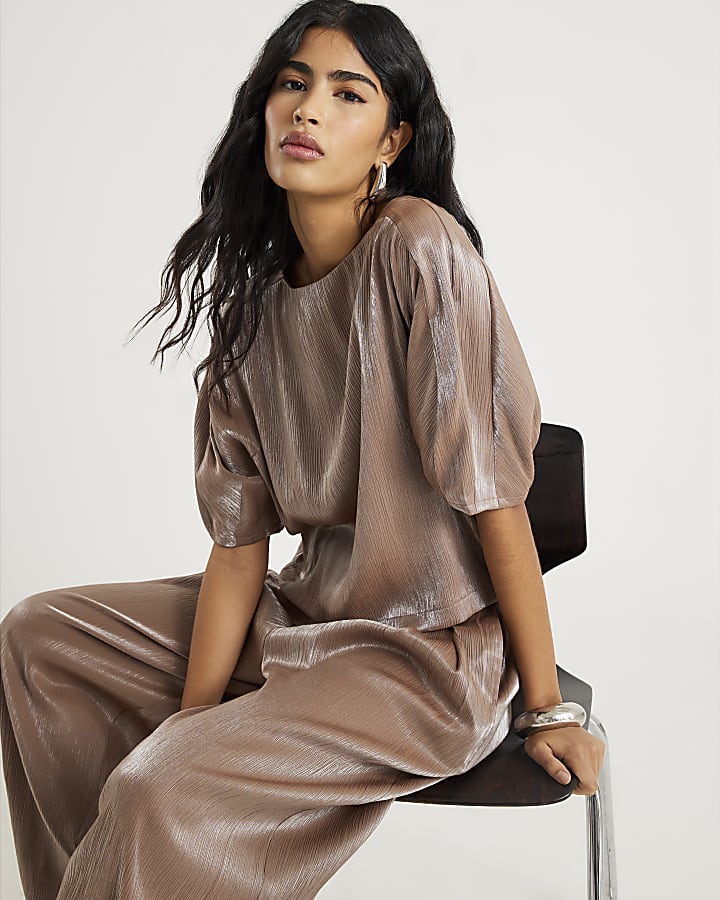 Beige Short Sleeve Metallic Tailored Top