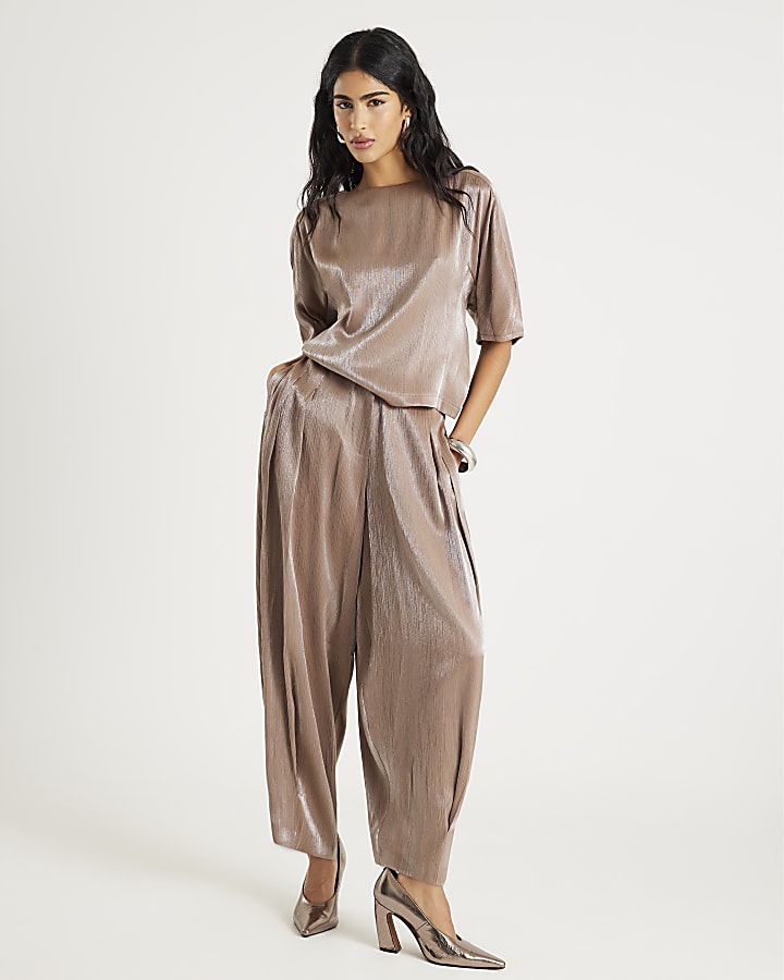 Beige Short Sleeve Metallic Tailored Top