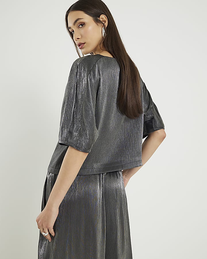 Black Short Sleeve Metallic Tailored Top