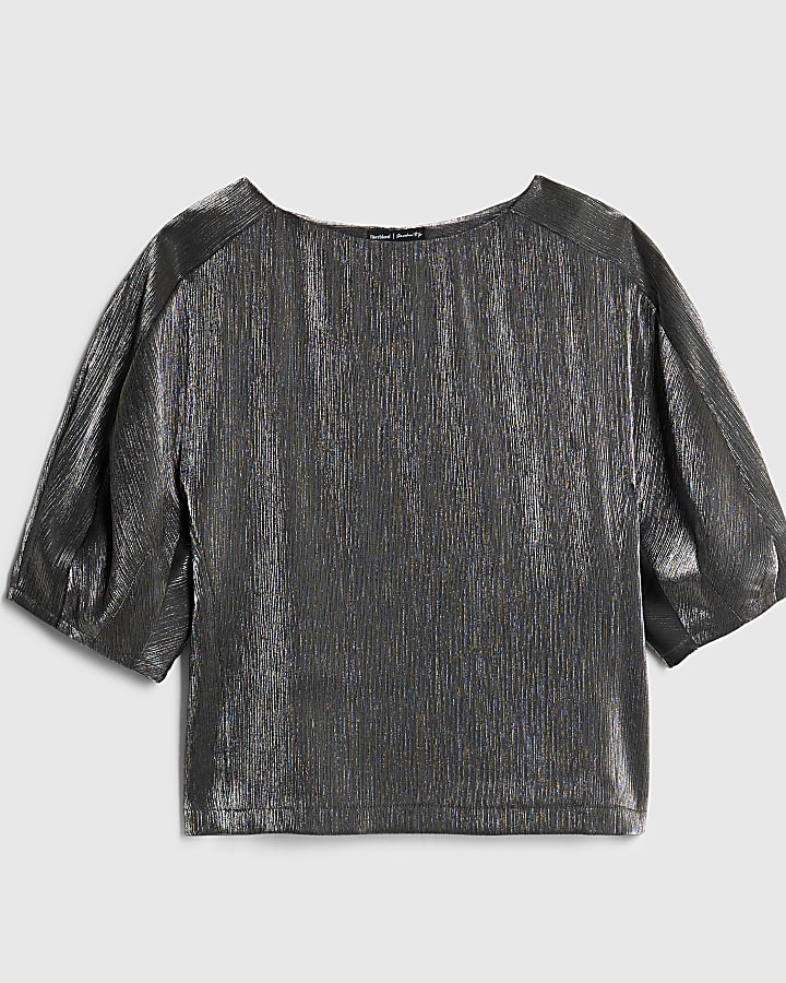 Black Short Sleeve Metallic Tailored Top