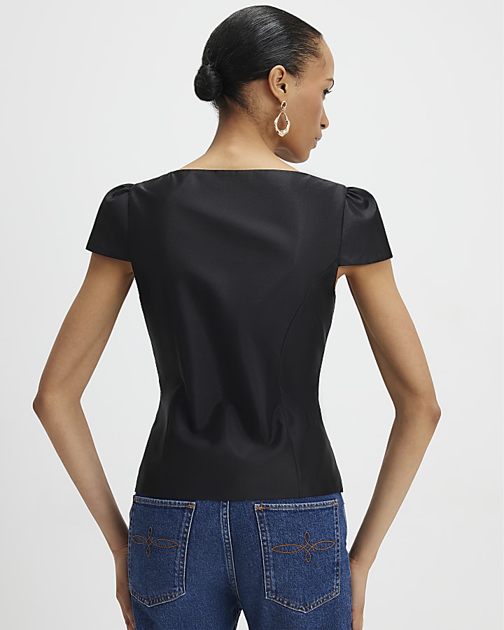 Black Button Puff Sleeve Top