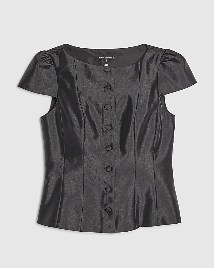 Black Button Puff Sleeve Top