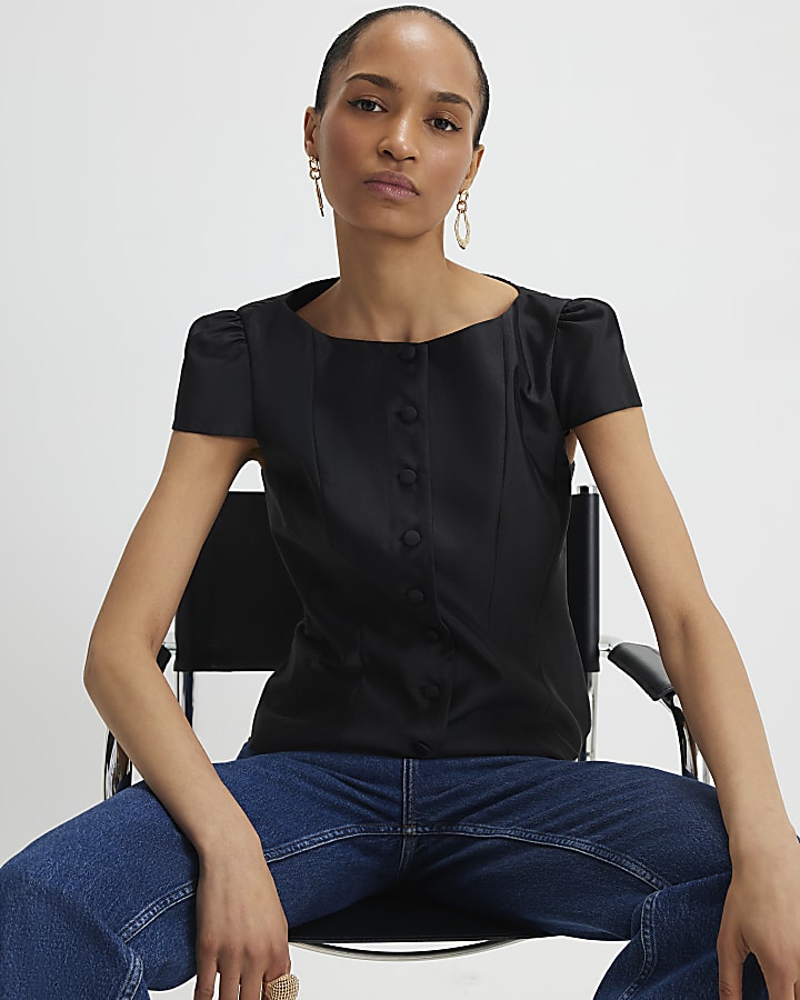 Black Button Puff Sleeve Top