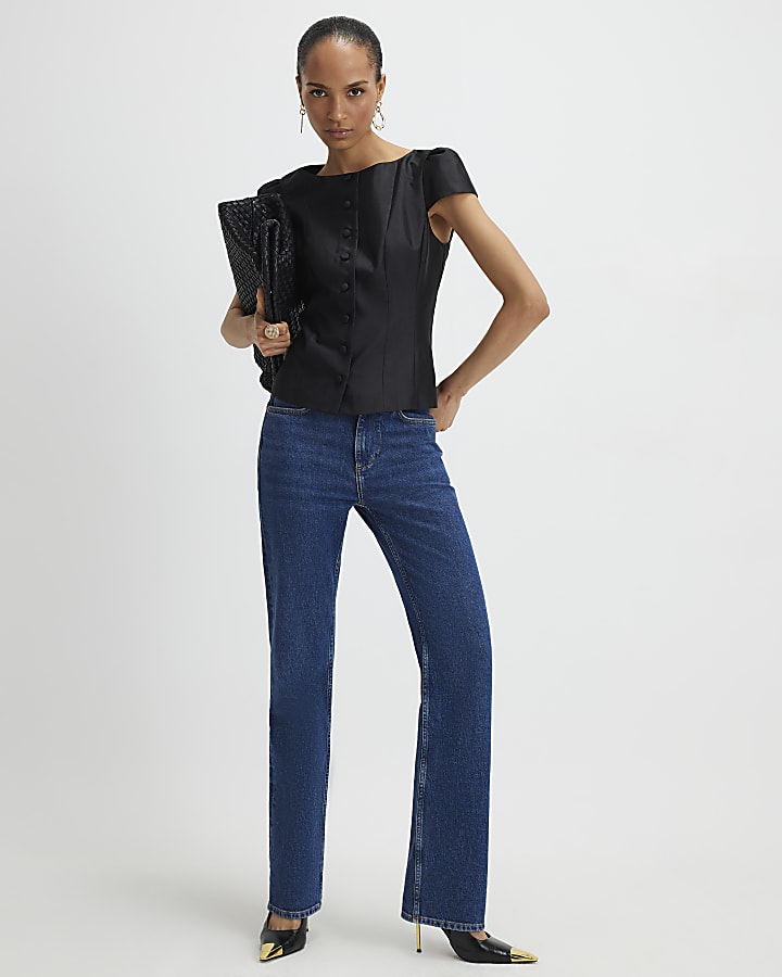 Black Button Puff Sleeve Top