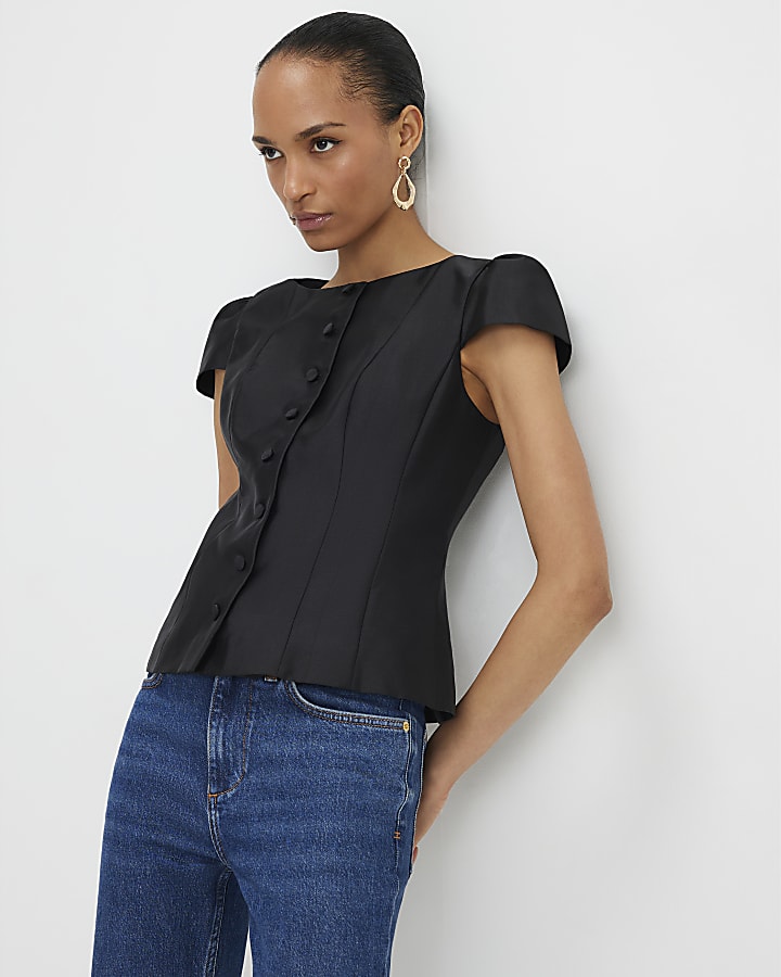 Black Button Puff Sleeve Top