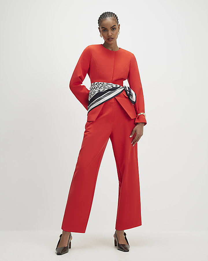 Red Slim Straight Leg Trousers