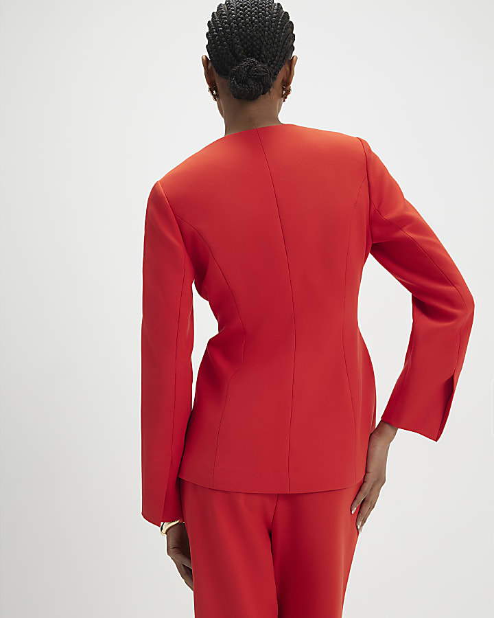 Red Long Sleeve Round Neck Blazer