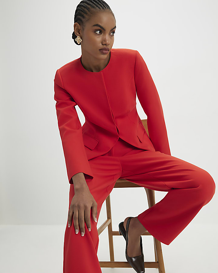 Red Long Sleeve Round Neck Blazer