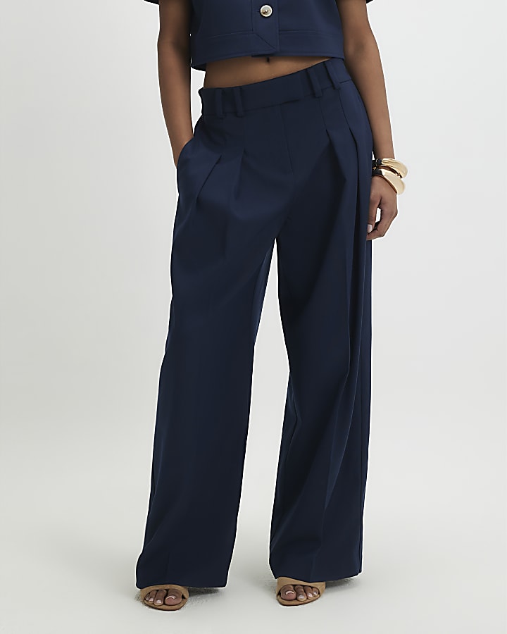 Navy High Waisted Wide Leg Trousers