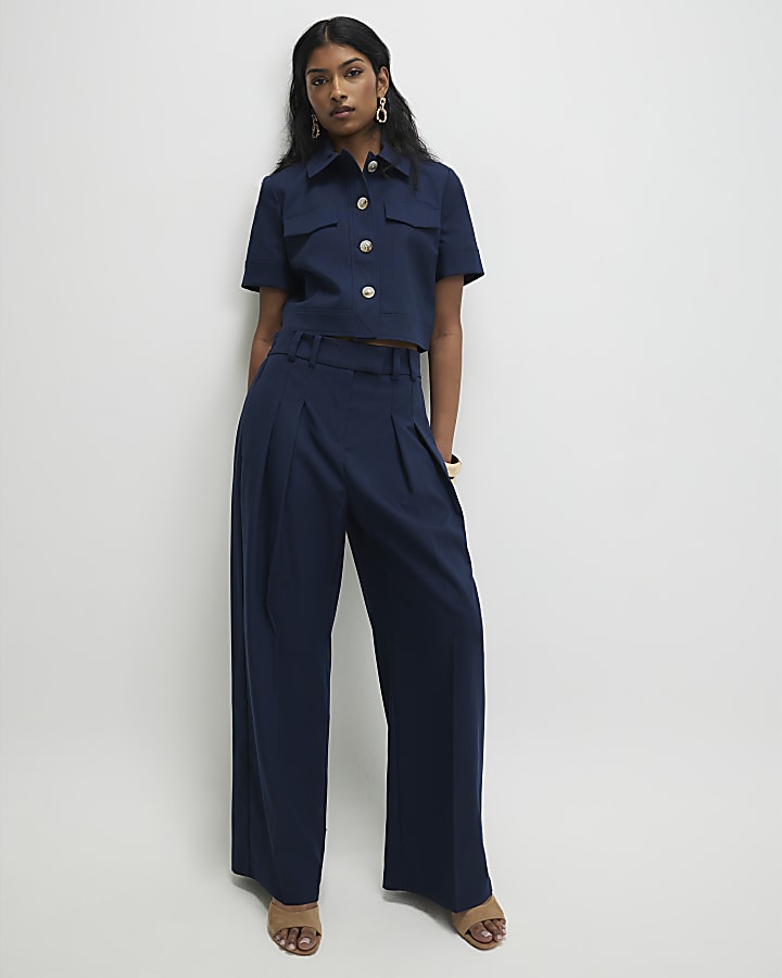 Navy High Waisted Wide Leg Trousers