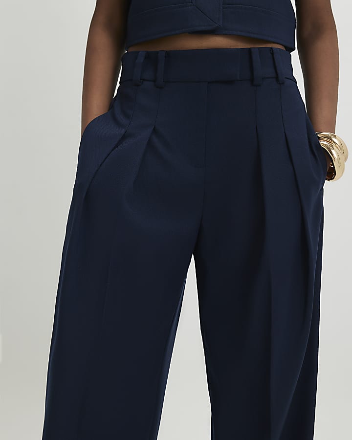 Navy High Waisted Wide Leg Trousers