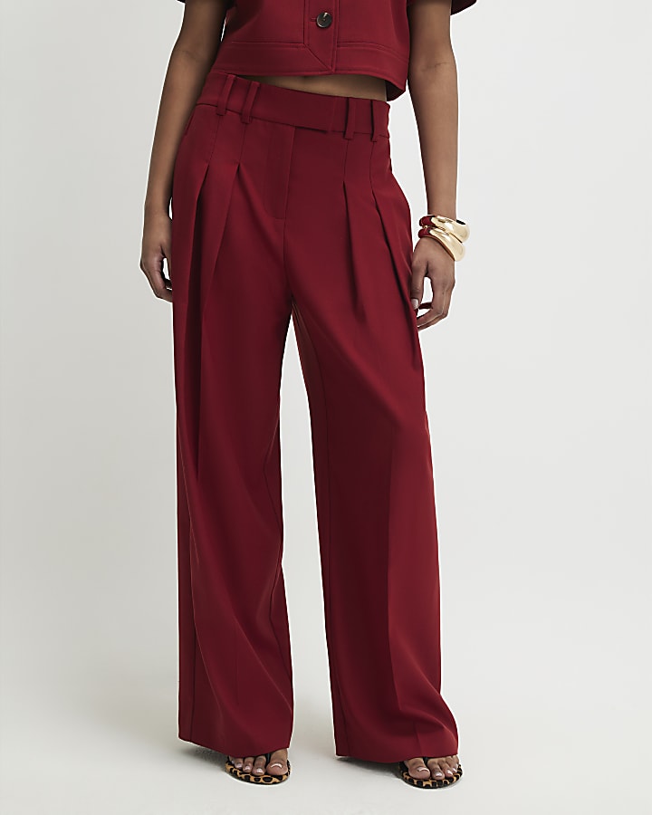 Red High Waisted Wide Leg Trousers