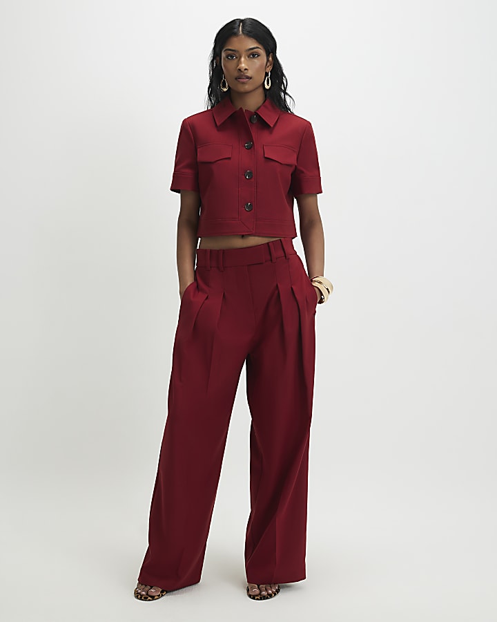 Red High Waisted Wide Leg Trousers