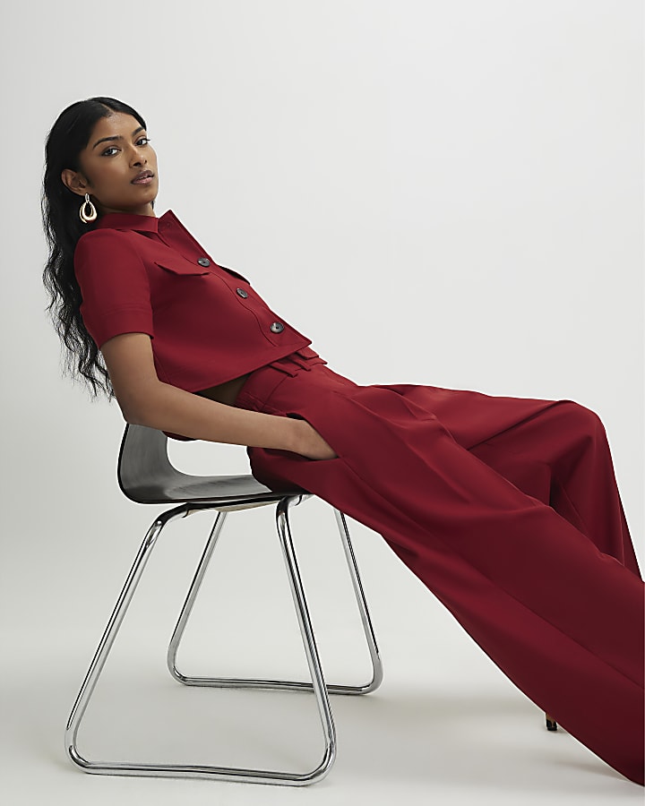 Red High Waisted Wide Leg Trousers