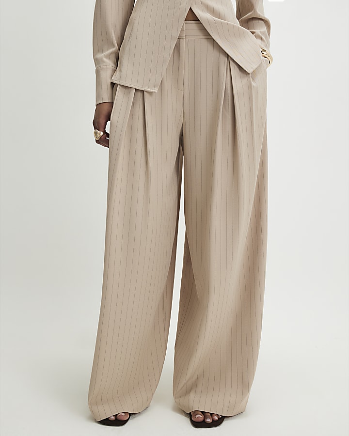 Beige Striped Wide Leg Trousers