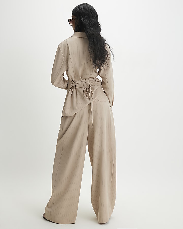 Beige Striped Wide Leg Trousers