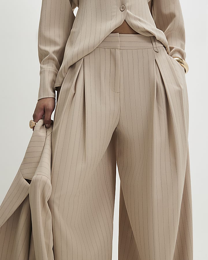 Beige Striped Wide Leg Trousers