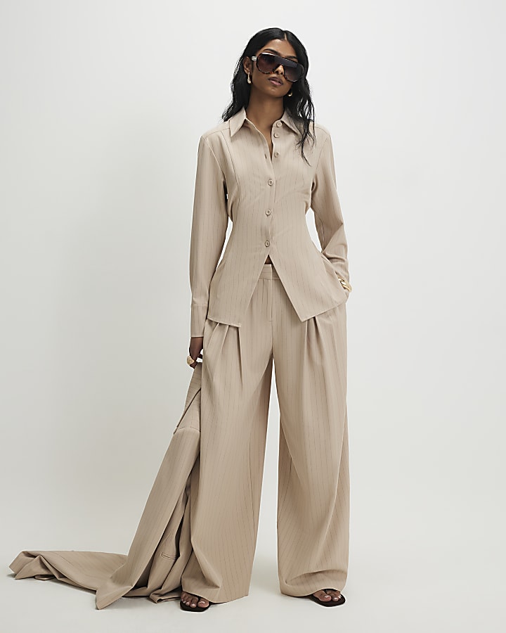 Cream Stripe Wide Leg Trousers