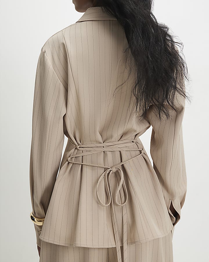 Beige Long Sleeve Striped Shirt